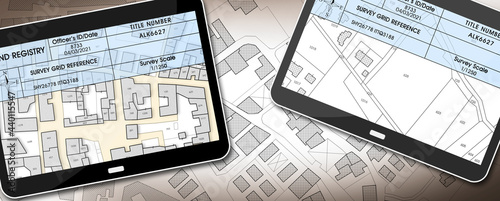 Land registry concept image with an imaginary cadastral map of territory - Property Tax on buildings with land and buildings cadastre with land registry document on a digital tablet - 3D rendering