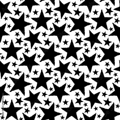 Black ink stars isolated on white background. Cute monochrome starry seamless pattern. Vector simple flat graphic hand drawn illustration. Texture.