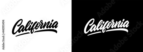 California hand lettering design for t-shirt, hoodie, baseball cap, jacket and other uses. Vector text "California" slogan for use in clothing design.