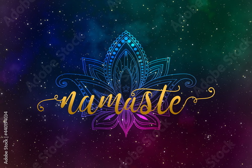 Luxury text namaste and kalamkari design with brighten stars in the galaxy
