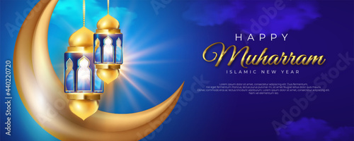 Islamic new year happy muharram celebration banner with islamic golden lantern and moon