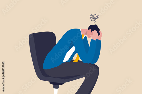 Regret on business mistake, frustration or depressed, stupidity or foolish losing all money, stressed and anxiety on failure concept, frustrated businessman holding his head sitting alone on the chair