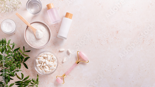 Different types of collagen for skin care flat lay, copy space