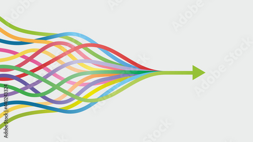 Vector illustration. Colorful lines intertwined in arrow. Dimensions 16:9.