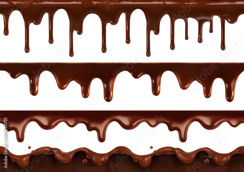 Chocolate melt drip. 3d vector realistic seamless pattern