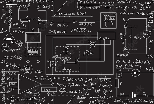 Electrotechnical vector seamless pattern with handwritten formulas, mathematical calculations and plots