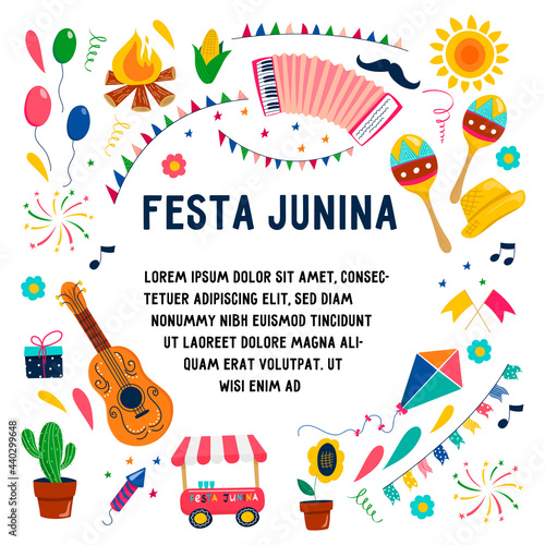 Festa Janina set of vector elements and editable text isolated on the background. Bonfire, maracas, accordion, guitar, garland, flags, characters, corn, balls, fireworks, firecracker.