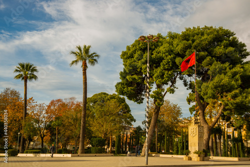 VLORA-VLORE, ALBANIA: Flag pole Monument, sculpture decorated with the date of Independence Day.