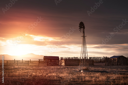 Sunset on a rural farm in Colorado.