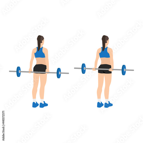 Woman doing Behind the back standing bicep curls exercise. Flat vector illustration isolated on white background