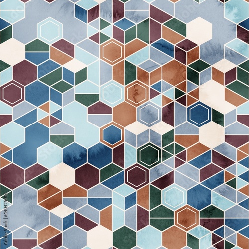 Seamless pattern of hexagons in random colors in watercolor. High quality illustration. Tile mosaic arrangement of triangles, trapezoids, and hexagons, in honeycomb arrangement. Design for print.