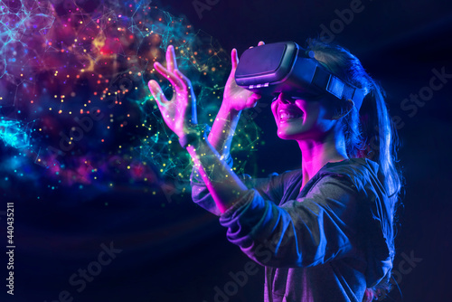 People with VR grasses playing virtual reality game. Future digital technology and 3D virtual reality simulation modern futuristic lifestyle