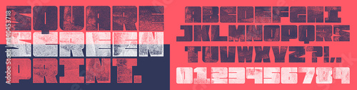 Screen Print Square Font. Works well at small sizes. Detailed individually textured characters with an eroded halftone, screen print texture. Unique design font