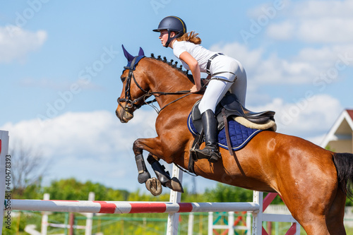 Young horse rider girl jumping over a barrier on show jumping course in equestrian sports competition