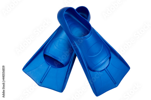 Fins are isolated on a white background. Flippers. Open toe and closed heel for professional swimming and training. Shortened blue flippers
