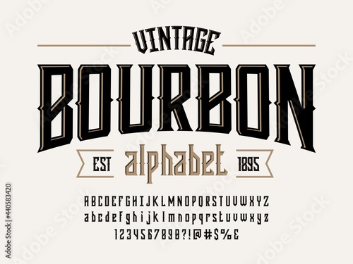 Vintage whiskey and bourbon label style alphabet design with uppercase, lowercase, numbers and symbols