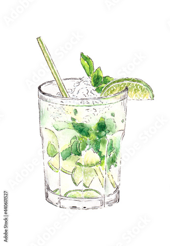 Mojito cocktail watercolor hand drawn illustration