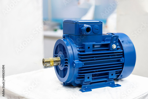 Close up new electric 3 phase induction motor for industrial on table