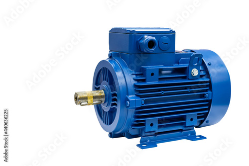 Close up new electric 3 phase induction motor for industrial on table isolated with clipping path