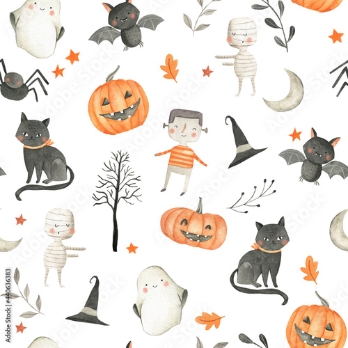 Halloween Watercolor cute seamless pattern for kids 