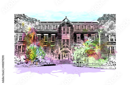 Building view with landmark of Gainesville is a city in northern Florida. Watercolor splash with hand drawn sketch illustration in vector.