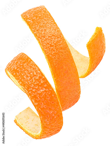 Orange zest isolated on a white background. Spiral orange peel.