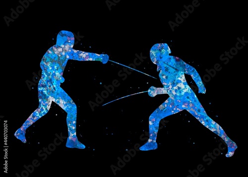 Fencing sport blue watercolor art with black background, abstract sport painting. sport art print, watercolor illustration blue, colorful, decoration wall art.