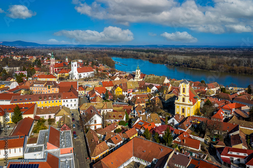 Szentendre, hungary - Aerial view of the city of Szentendre on a sunny day with Belgrade Serbian Orthodox Cathedral, Saint John the Baptist's Parish Church, Saint Peter and Paul Church and blue sky