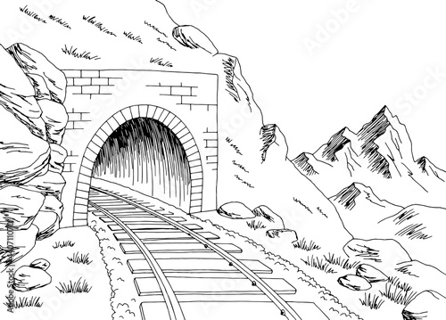 Train tunnel mountain railroad graphic black white landscape sketch illustration vector 
