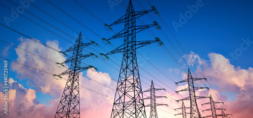 High voltage power lines in the sky - 3D illustration