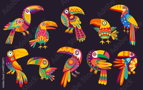 Cartoon Mexican toucan birds vector design with traditional animals of Mexico. Exotic tropical jungle toucan or toucanet birds, beaks, tails and feathers with colorful ethnic floral ornaments