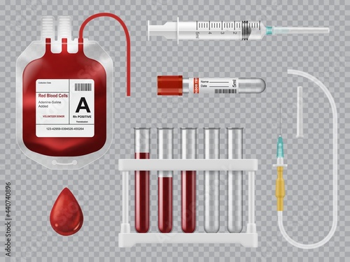 Blood donation, transfusion and testing equipment. Realistic vector blood bag with red cells, laboratory and vacutainer collection tube, injection set with needle, syringe and blood droplet