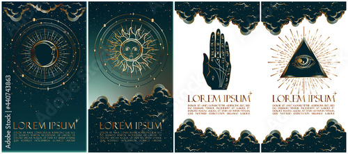 Collection of mysterious vector illustrations in gold colour for stories templates, mobile app, landing page, web design. Occult magic background for astrology, divination, tarot concept. 