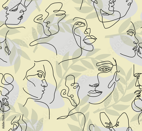 Abstract drawing of women's faces with black lines on a yellow background decorated with olive branches.Seamless pattern.
