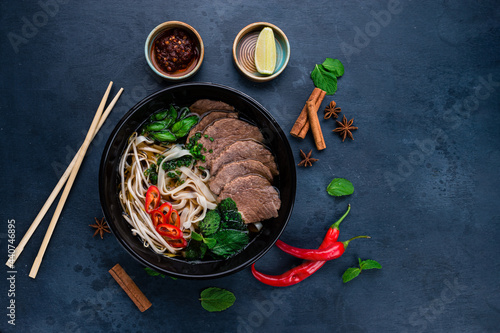 Pho bo, Vietnamese food, rice noodle soup with sliced beef