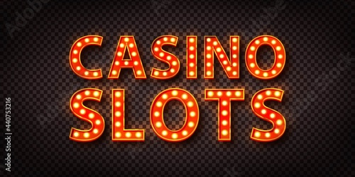 Vector realistic isolated retro marquee billboard with electric light lamps of Casino Slots logo for invitation on the transparent background.