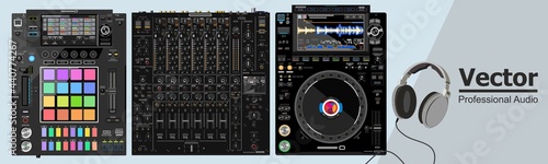 Desktop DJ set consisting of CDJ player, DJM mixer and DJS sampler. Realistic vector illustration. DJs headphones. Modern equipment for clubs and discos. Beatmaking effector. Rgb palette of buttons.