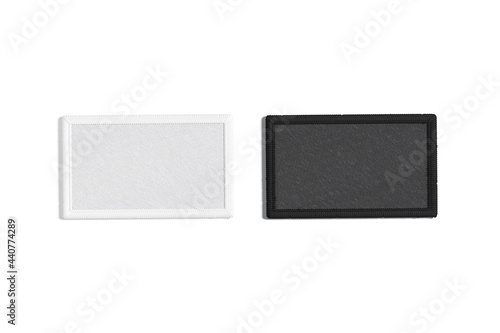 Blank black and white rectangle embroidered patch mockup, top view