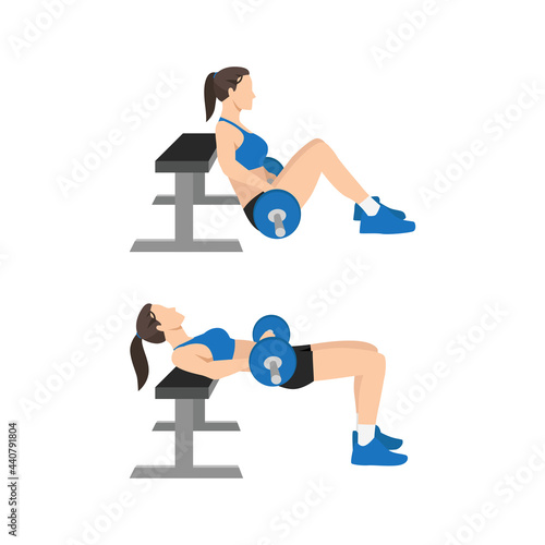 Woman doing Barbell hip thrusts exercise. Flat vector illustration isolated on white background