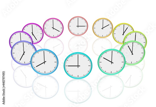 Ein Kreis aus bunten Uhren, welche volle Stunden anzeigen