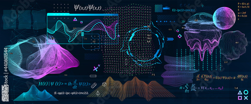 Quantum Mechanics elements with famous formulas. Sci-fi universal elements with HUD. Big data algorithms, deep learning artificial intelligence. Algorithms and Quantum Mechanics concept. Vector set 