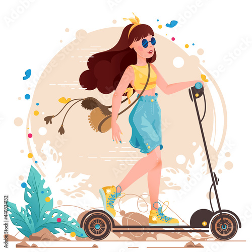 Kolorowa ilustracja, młoda dziewczyna jadąca na hulajnodze w letnim stroju. Lato w mieście.
