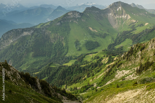 Landscape view of the swiss Alps from the mountain of "Moleson", shot in Gruyere, Fribourg, Switzerland