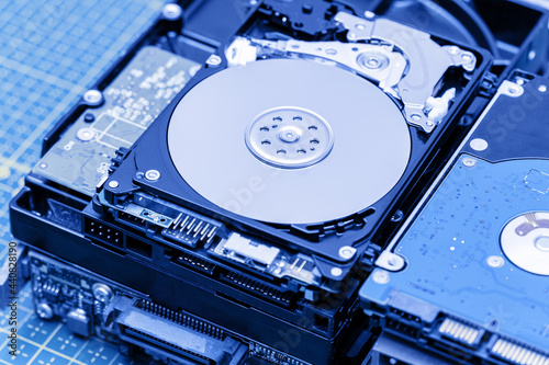 Lot of, pack of hard disk drives in hdd information repair, recovery service