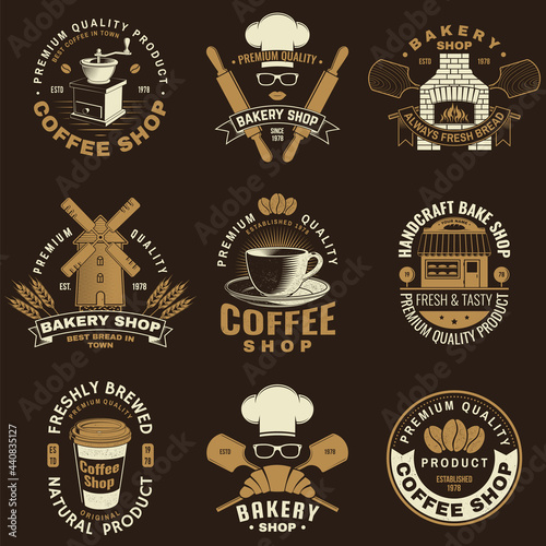 Set of Coffe shop and Bakery shoplogo, badge template. Vector. Design with dough, wheat ears, old oven, coffee cup silhouette. Template for menu for restaurant, cafe, bar, identity
