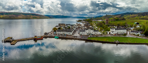 An aerial panorama view across of Loch Fyne towards Inveraray, Scotland on a summers day