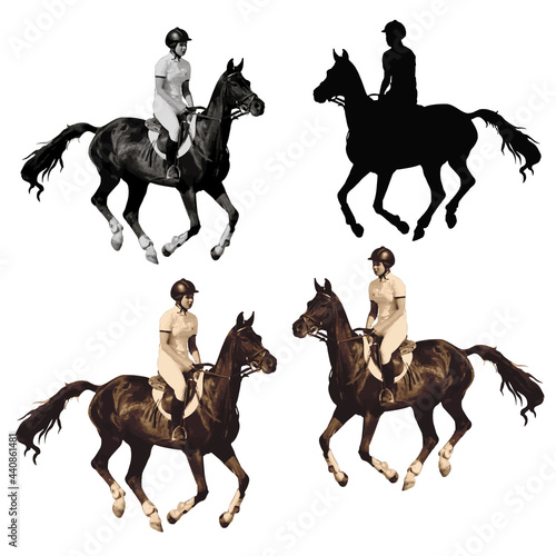  set realistic isolated image, athlete riding a horse at a gallop, show jumping, 