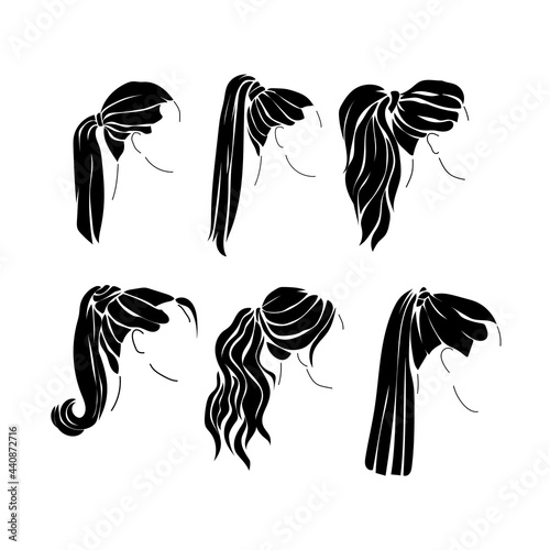 Hairstyle ponytail silhouettes set, options for trendy female hairstyles