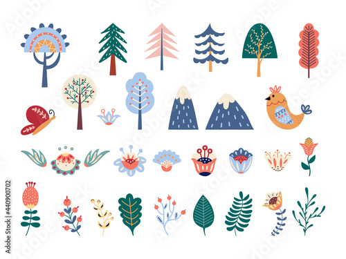 Scandinavian folk forest vector set Flowers and floral