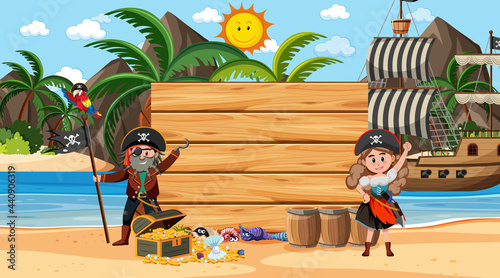 Empty wooden banner template with pirates at the beach daytime scene